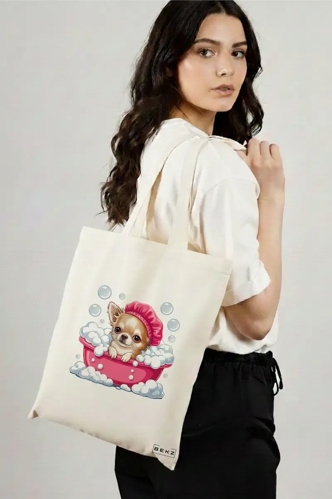 Sacosa de Panza pentru Cumparaturi, Geanta Tote, model Funny Puppy bathing 38 x 34.5 cm, Alba, BEKZ®