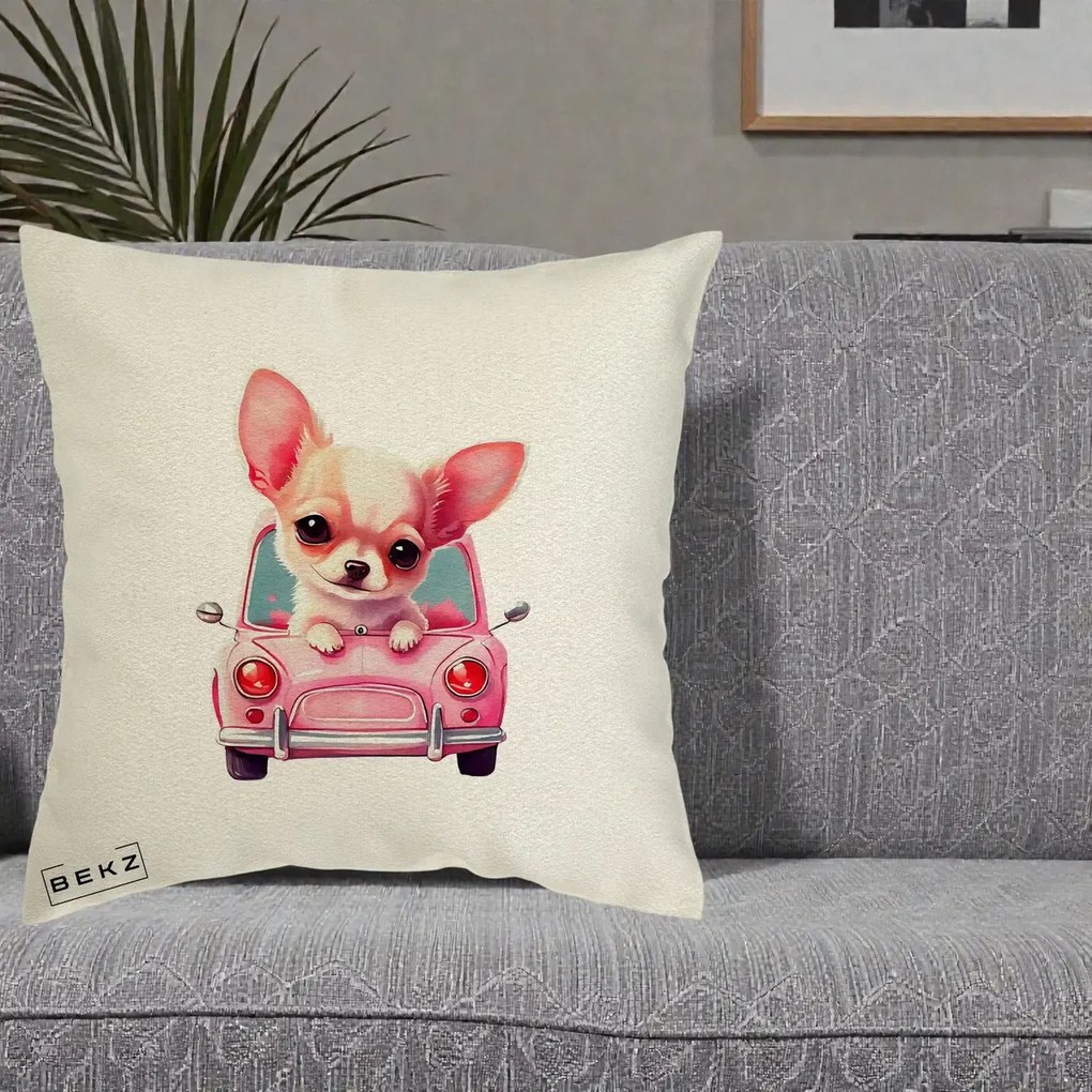 Perna Decorativa Chihuahua Roz in Masinuta, 40x40 cm, Ecru, Husa Detasabila, Perna Inclusa, BEKZ®