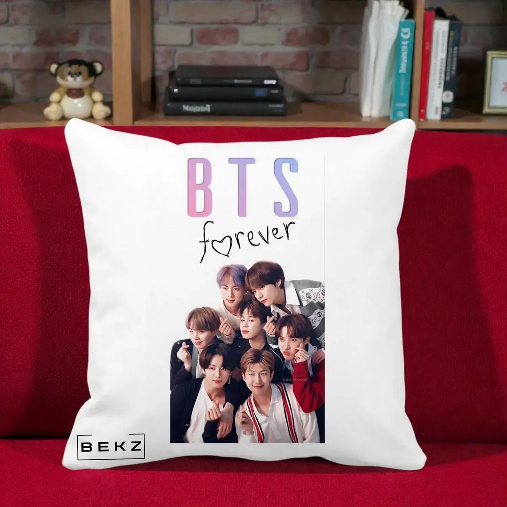 Perna Personalizata K-pop BTS Forever cu Foto Grup Negru, 40x40 cm, Alba Mata, Husa Detasabila, Perna Inclusa, BEKZ®