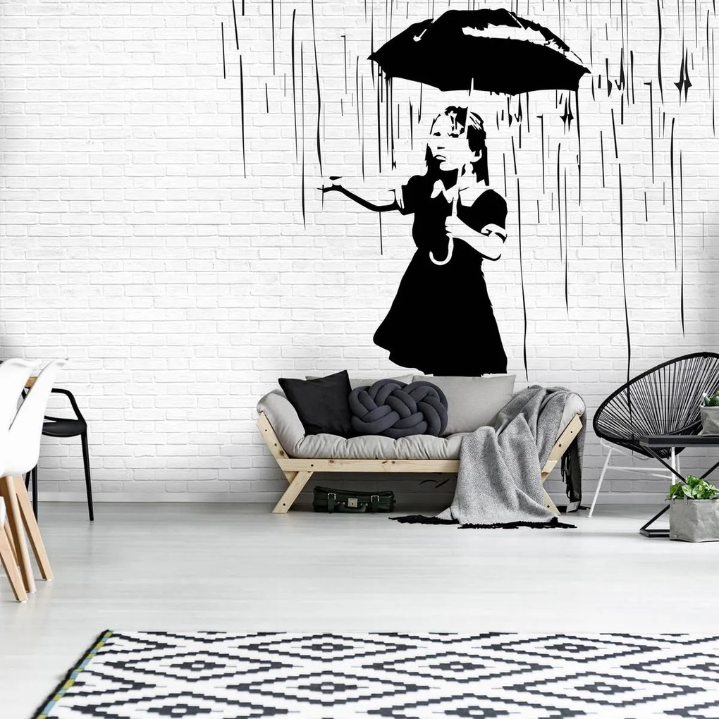 Fototapet - Fata cu umbrelă în ploaie (152,5x104 cm)