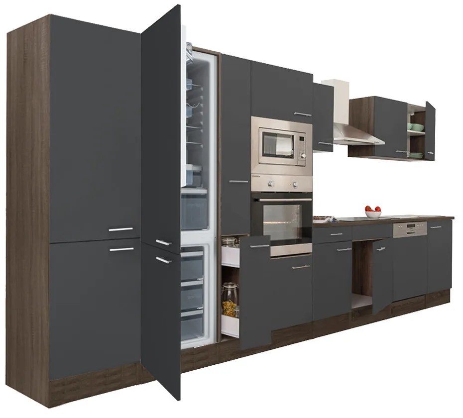 Mobilă de bucătărie Yorki 420, corp din stejar Yorki, față antracit satinat, frigider cu congelator în partea de jos