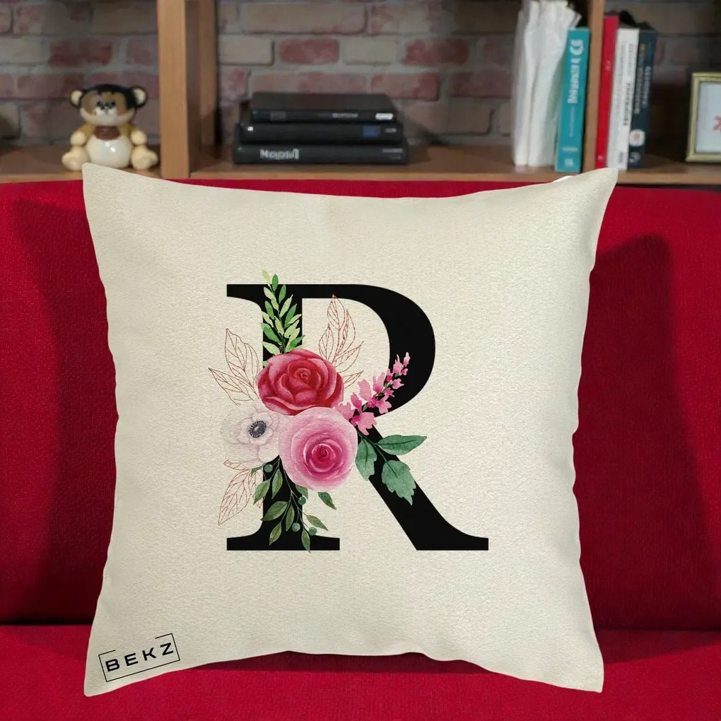 Cadou Personalizat - Perna Personalizata Monograma Florala Litera R, 40x40 cm, Ecru, Husa Detasabila, Perna Inclusa, BEKZ®