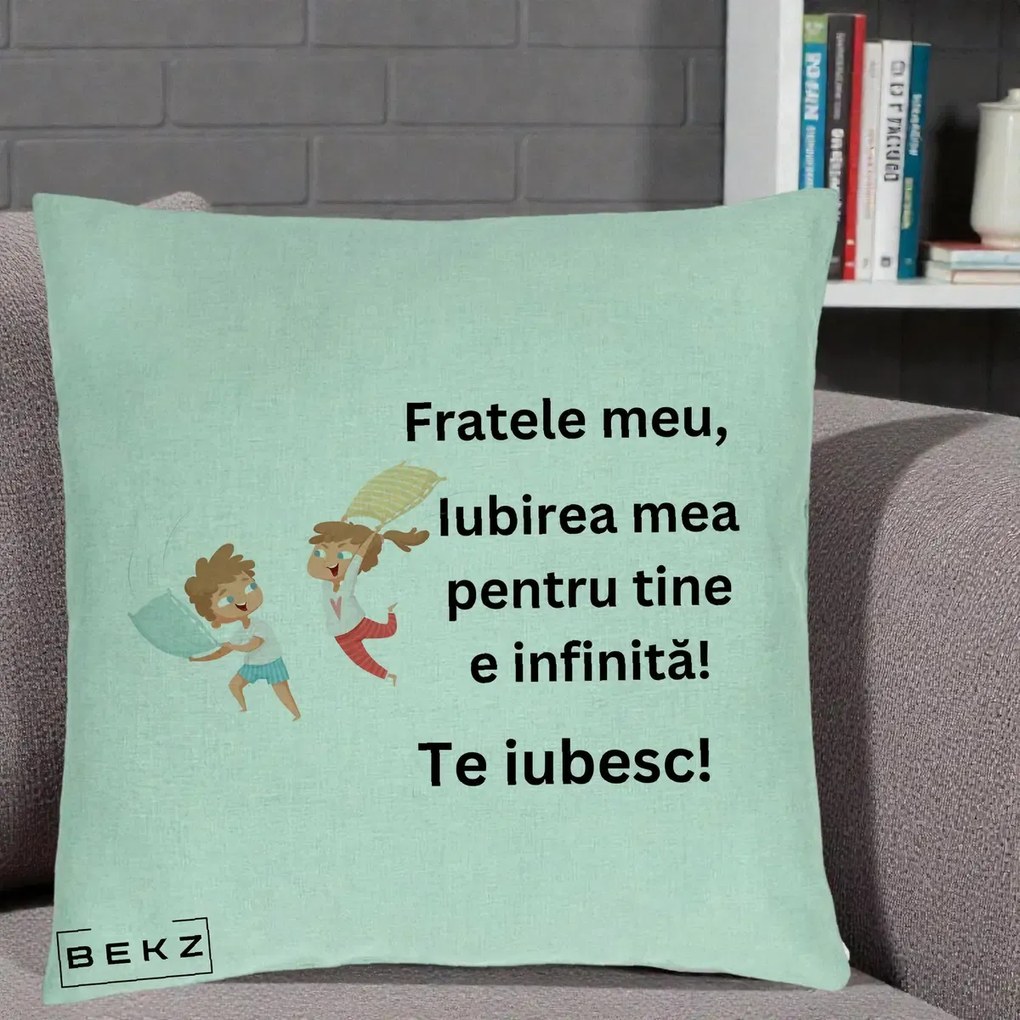 Cadou pentru Frate - Perna Personalizata Fratele Meu Te Iubesc Copii Batalie Perne, 40x40 cm, Verde Menta, Husa Detasabila, Perna Inclusa, BEKZ®