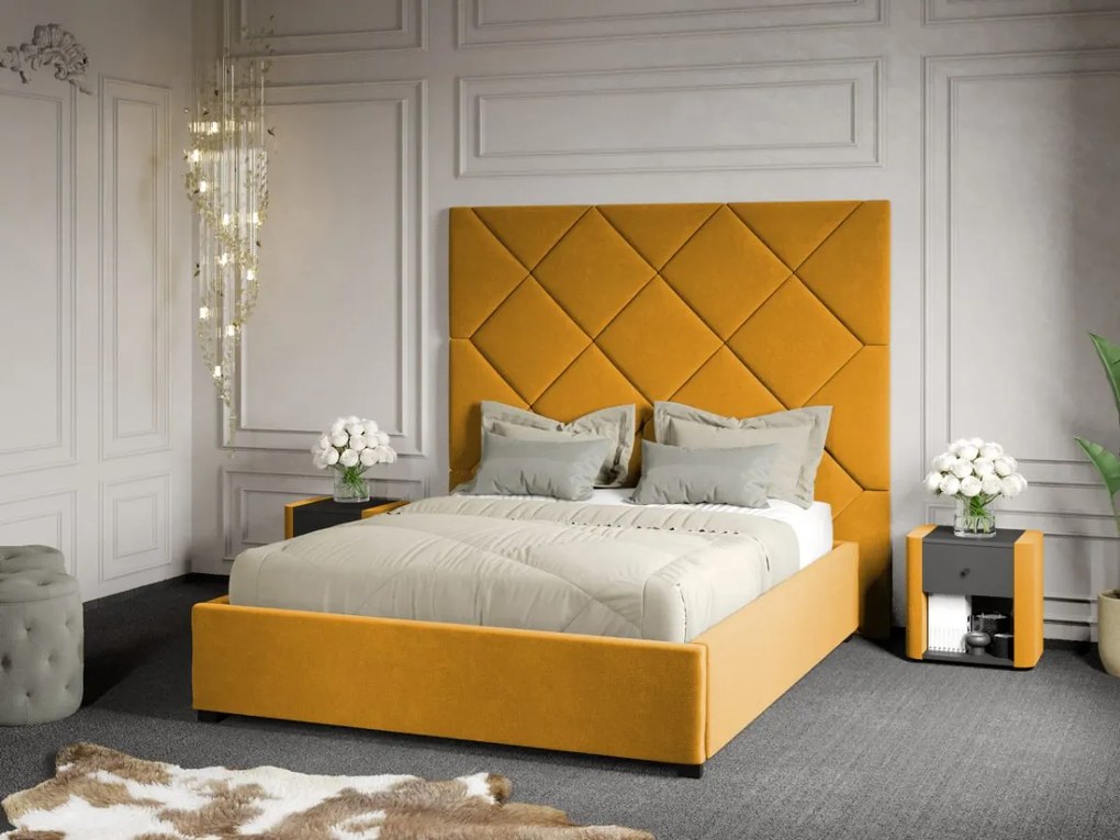 Pat Tapitat cu Panou 191x170 C2 Dubai cu somiera fixa Galben - Velluto 8 180x200