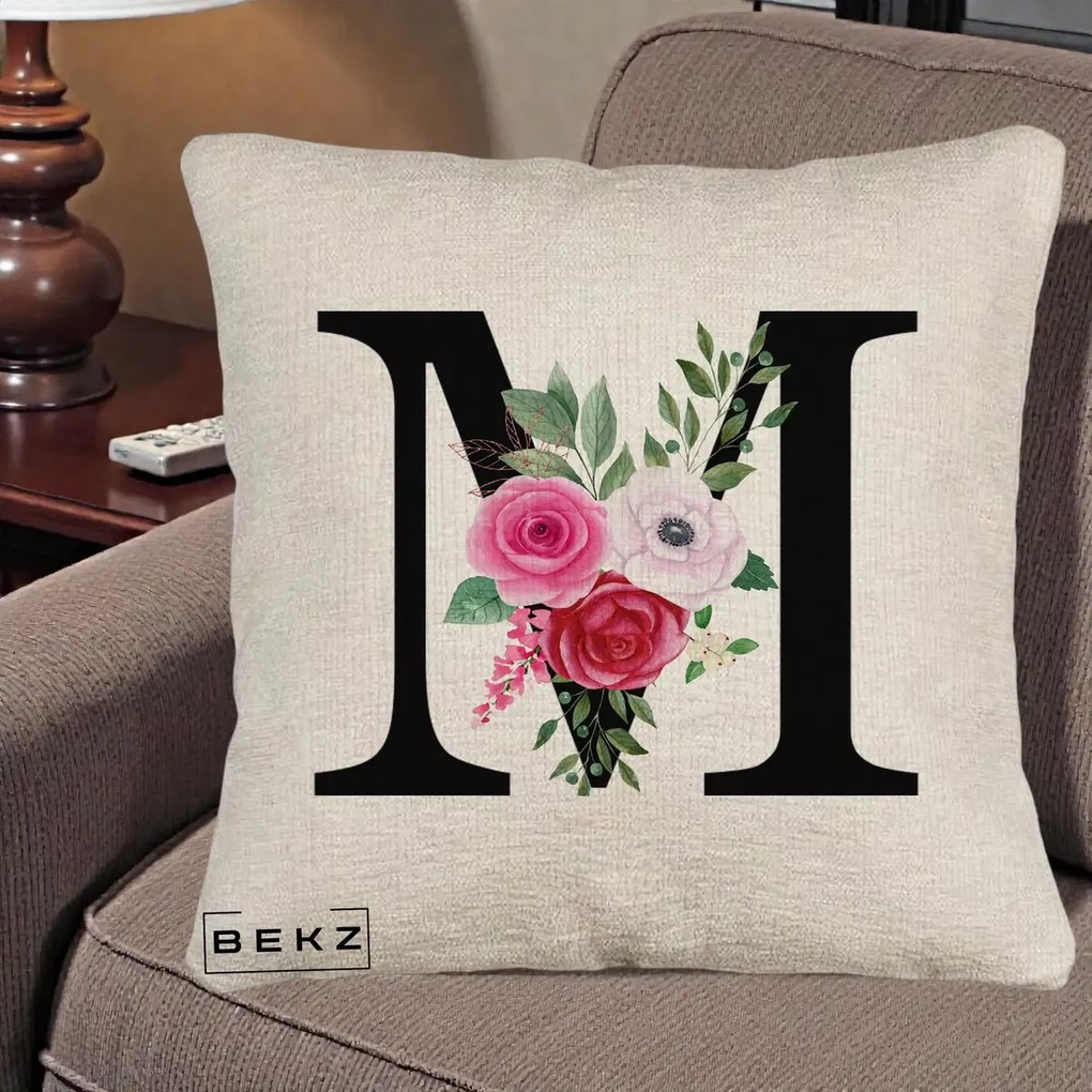 Cadou Personalizat - Perna Personalizata Monograma Florala Litera M cu Trandafiri si Anemona, 40x40 cm, Bej Canapea, Husa Detasabila, Perna Inclusa, BEKZ®