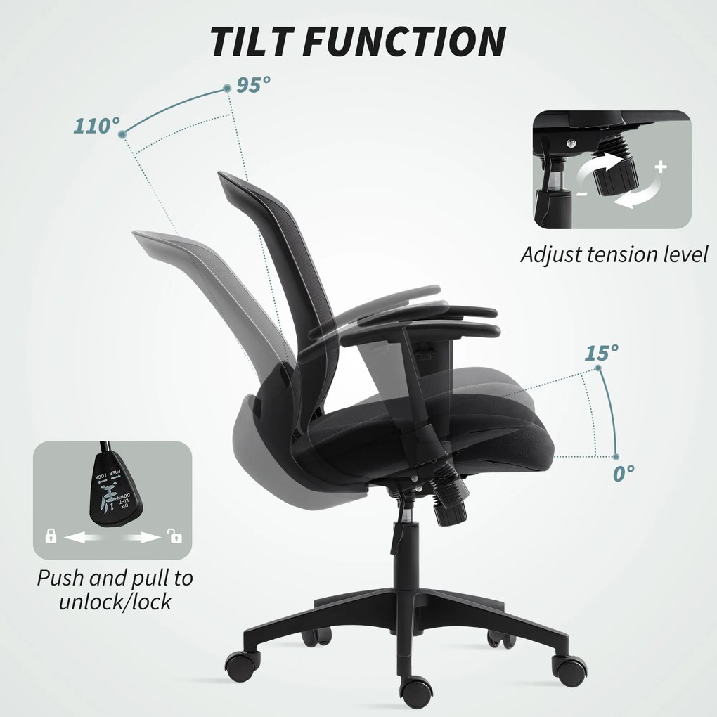 Scaun de Birou HOMCOM Respirabil și Reclinabil cu Înălțime Reglabilă, Negru | Aosom Romania