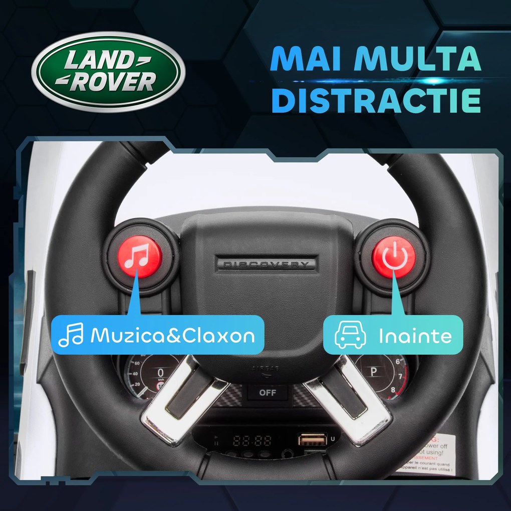 AIYAPLAY Mașinuță Electrică pentru Copii 18 Luni-5 Ani cu Licență Land Rover cu Muzică, USB și MP, 65x43x40 cm ,Alb | Aosom Romania