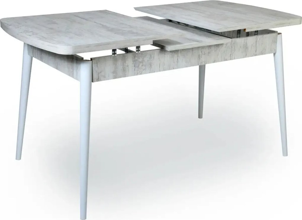 Set masa extensibila cu 6 scaune tapitate Homs cristal-blue-picior-alb-170 x 80 cm