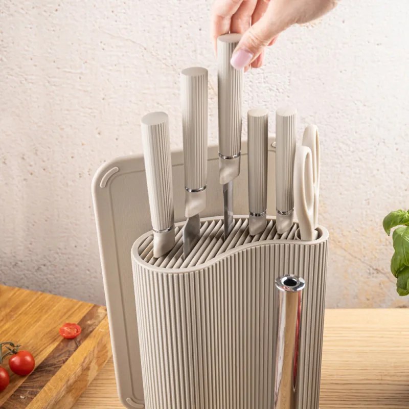 Set cuțite Klausberg KB 7978, 8 piese, Oțel inoxidabil, Suport, Suport hârtie de bucătărie, Bej