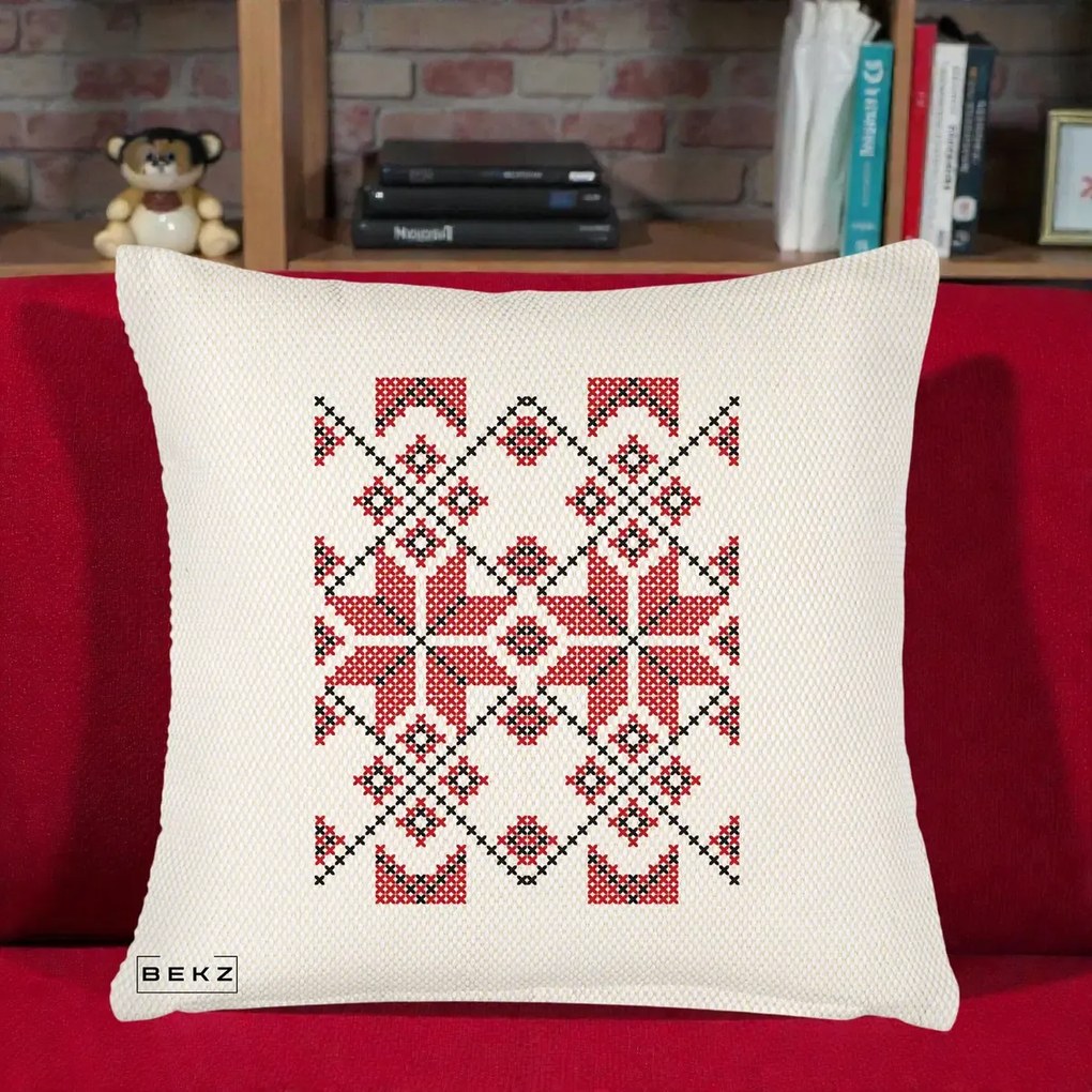 Perna Personalizata Motiv Traditional Cusatura Rosu-Negru, 40x40 cm, Crem Reliefat, Husa Detasabila, Perna Inclusa, BEKZ®