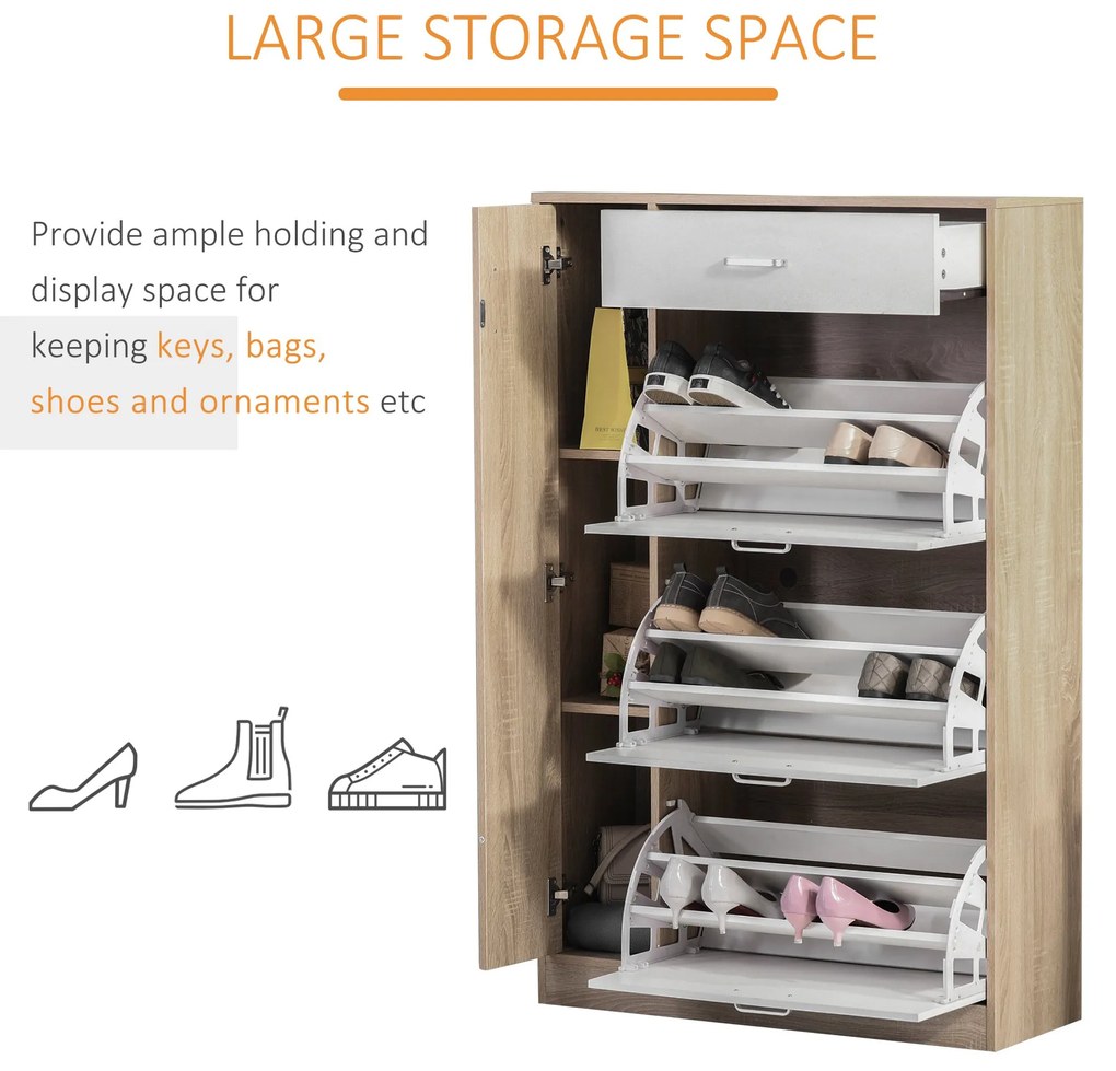 HOMCOM Suport pentru Pantofi Modern care Economiseste Spatiu cu 3 Usi si Rafturi Reglabile, Sertar si Dulapior cu Polite, Culoarea Lemnului si Alb