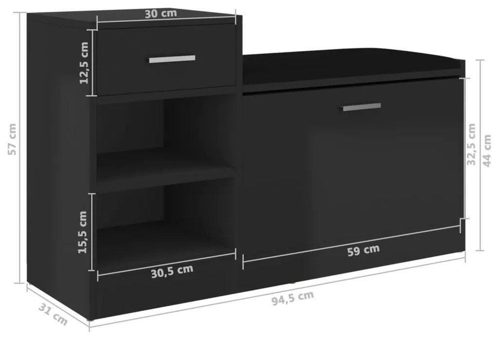 Bancheta pantofar, negru extralucios, 94,5x31x57 cm, PAL negru foarte lucios, 1, negru foarte lucios, negru foarte lucios