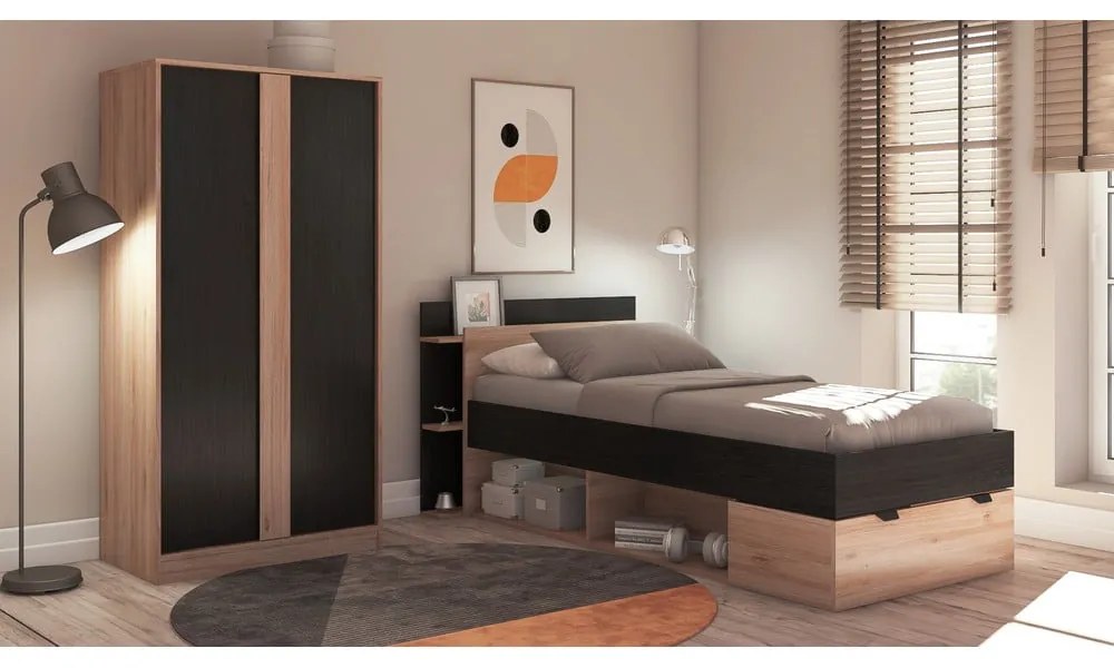 Pat negru/în culoare naturală cu aspect de lemn de stejar cu spațiu de depozitare fără somieră 90x200 cm Albo – Marckeric