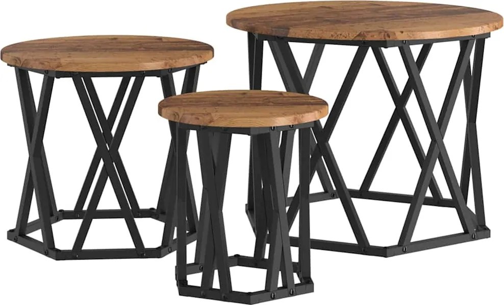 vidaXL Masă laterală nesting 3 pcs Lemn Vechi Lemn ingineresc și oțel