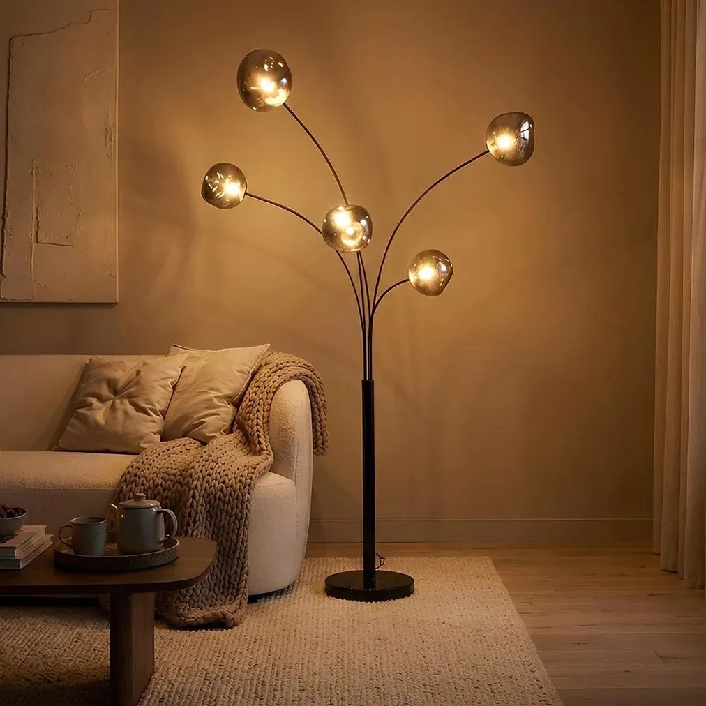 Lampa de podea moderna cu 5 globuri sticla fumurie LIQUID DIAMOND