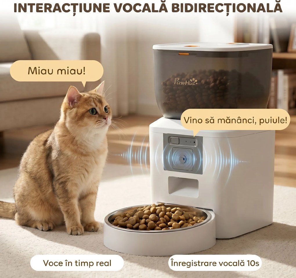 PawHut Distribuitor Automat de Hrană pentru Pisici și Câini 4L, WiFi 2,4G, Control din Aplicație cu Cameră, Bol, Alb | Aosom Romania