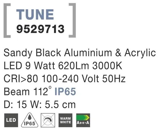 Aplica perete LED de exterior IP65 TUNE neagra NVL-9529713