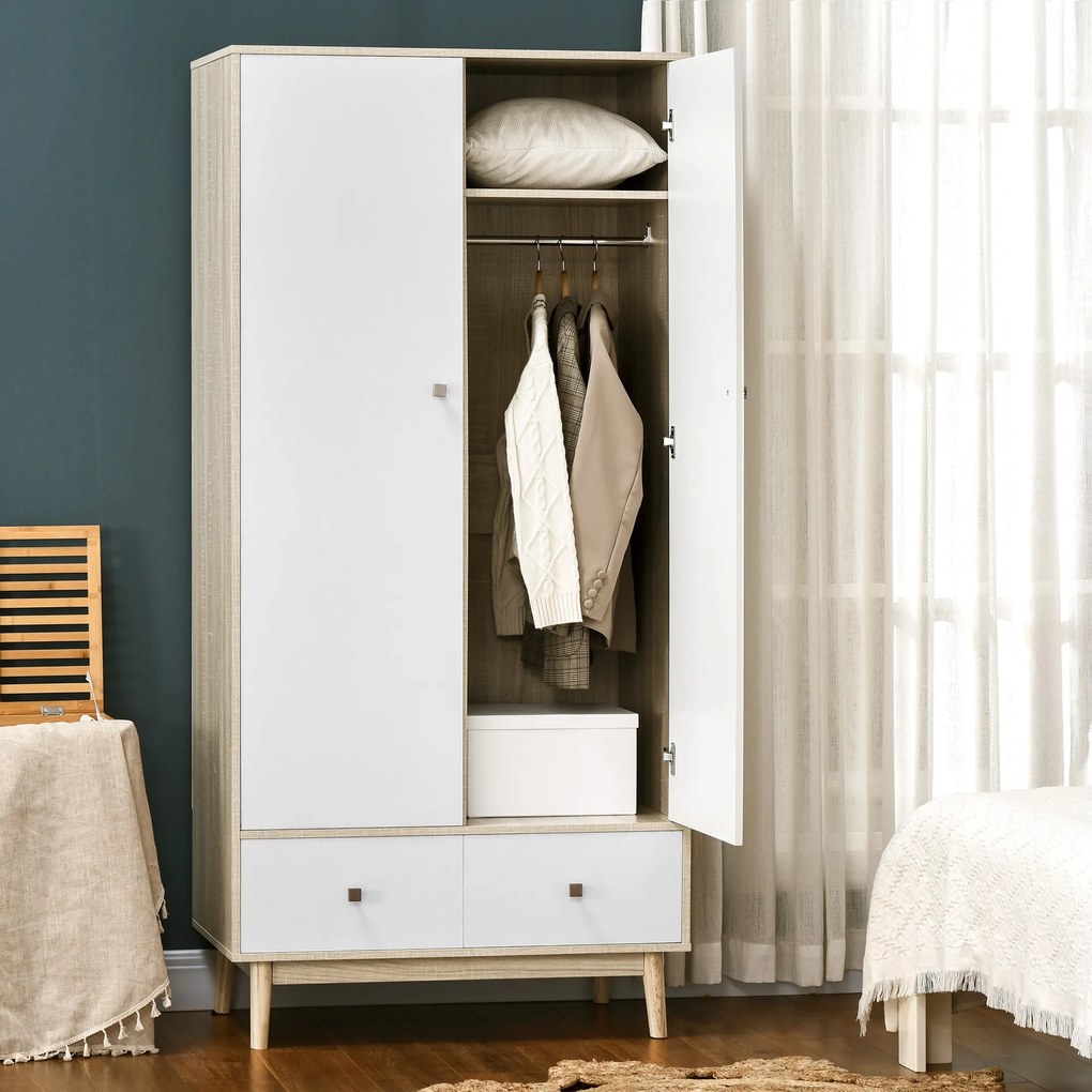 HOMCOM Dulap haine, 2 sertare si cuier, cu 2 usi, cu 4 compartimente, dulap cu sertar rezistent la apa si usor de curatat, alb, 90x50x190cm | Aosom Romania