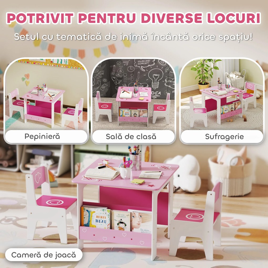 AIYAPLAY Set de masă cu 2 scaune pentru copii 3-8 ani, cu raft în lemn MDF cu motive de inimi, Roz | Aosom Romania