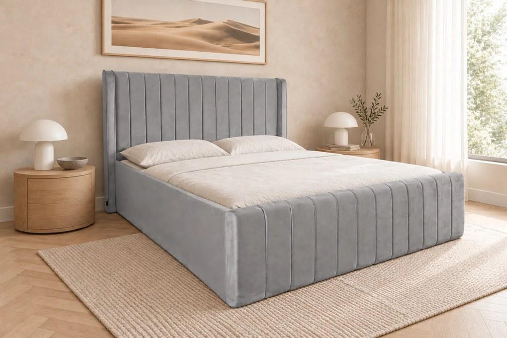 Pat tapițat din catifea Aurelia Simple 200×200 cm, gri deschis, cu ladă de depozitare