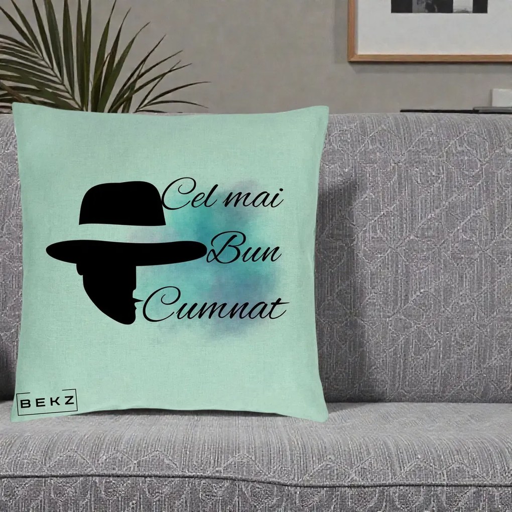 Cadou pentru Cumnat - Perna Personalizata Cel mai Bun Cumnat cu Silueta Palarie si Pete Teal-Roz, 40x40 cm, Verde Menta, Husa Detasabila, Perna Inclusa, BEKZ®