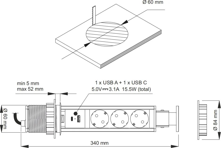 Priză încorporabilă în blat Lift Box Design Light, 3 prize Schuko, USB A + C, negru, D: 60 mm Plastic, Negru, D:60 mm