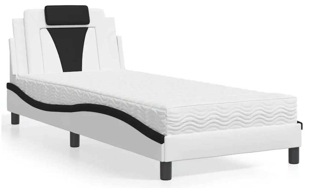 vidaXL Pat cu saltea, alb și negru, 90x190 cm, piele ecologică