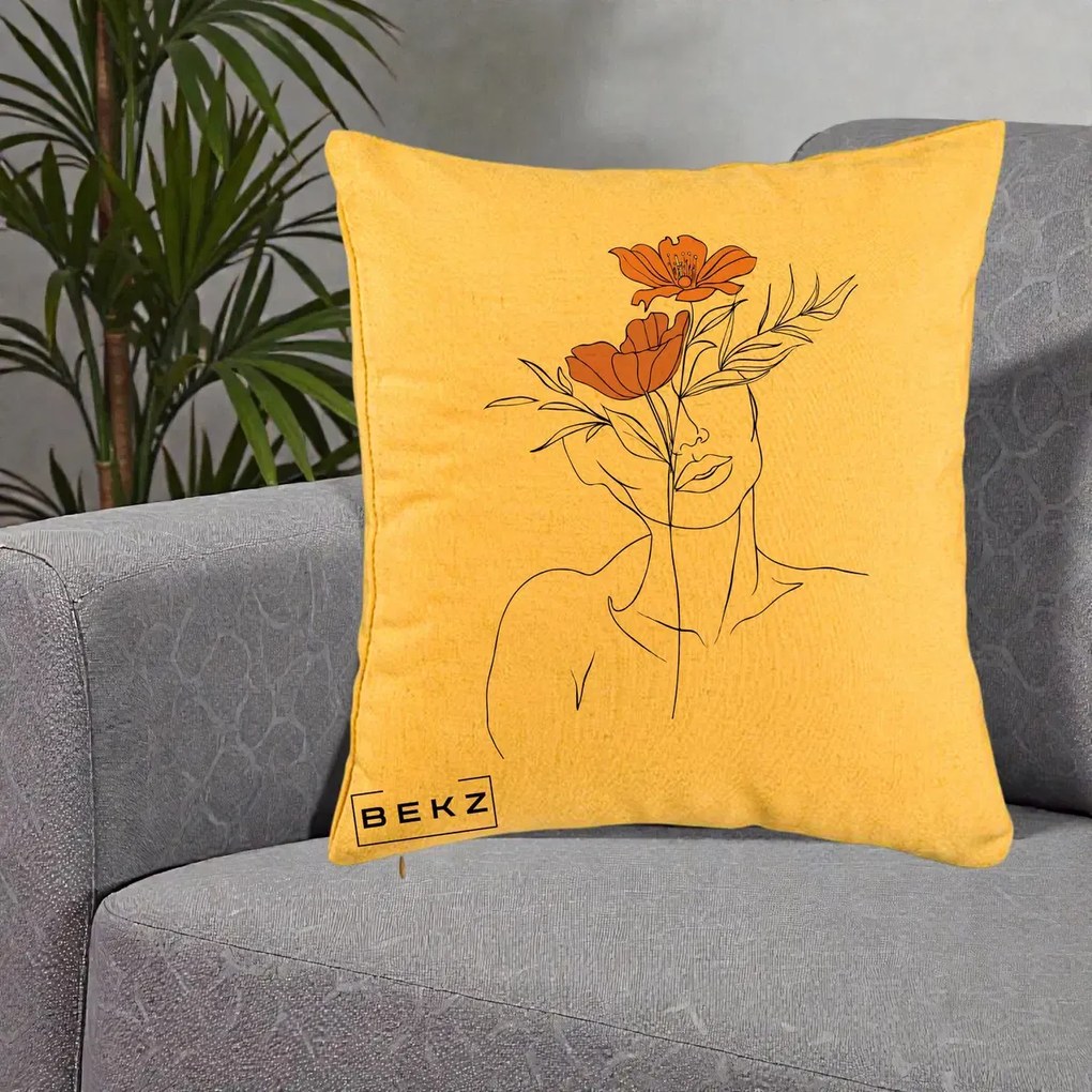 Perna Decorativa Portret Feminin Doua Flori, 40x40 cm, Galben, Husa Detasabila, Perna Inclusa, BEKZ®