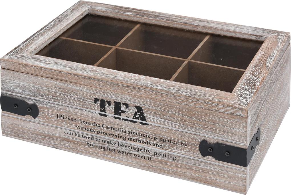 Cutie de ceai cu capac lemn si margine metalica, 6 compartimente