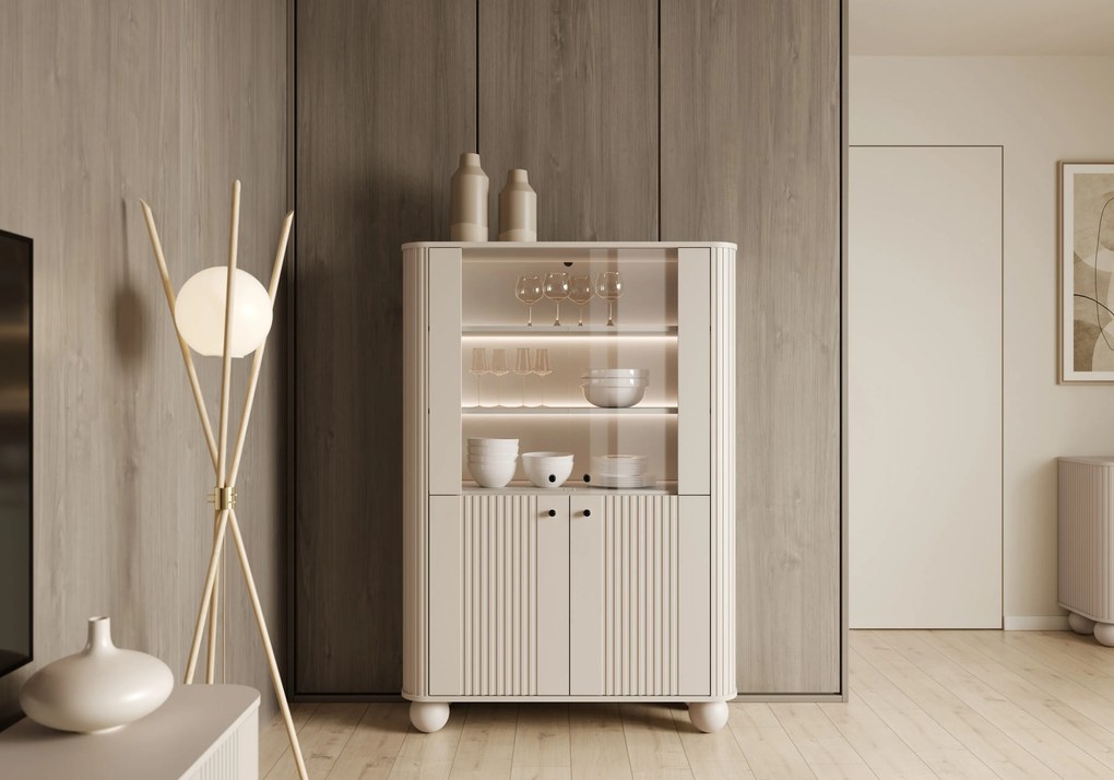 Vitrină cu patru uși Vesper 103 cm - cașmir / mânere negre / picioare rotunde