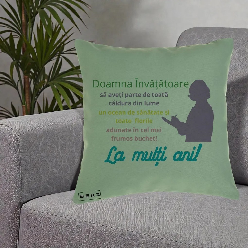 Perna personalizata invatatoare: Doamna invatatoare, La multi ani, 40x40 cm cu Umplutura, Verde, BEKZ