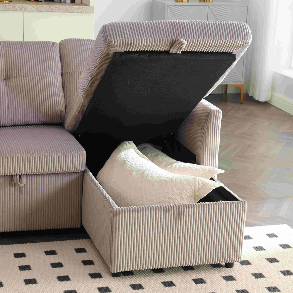 Canapea modulară în formă de L din catifea, canapea extensibilă rabatabilă convertibilă, cu spații de depozitare în scaune, Gri deschis