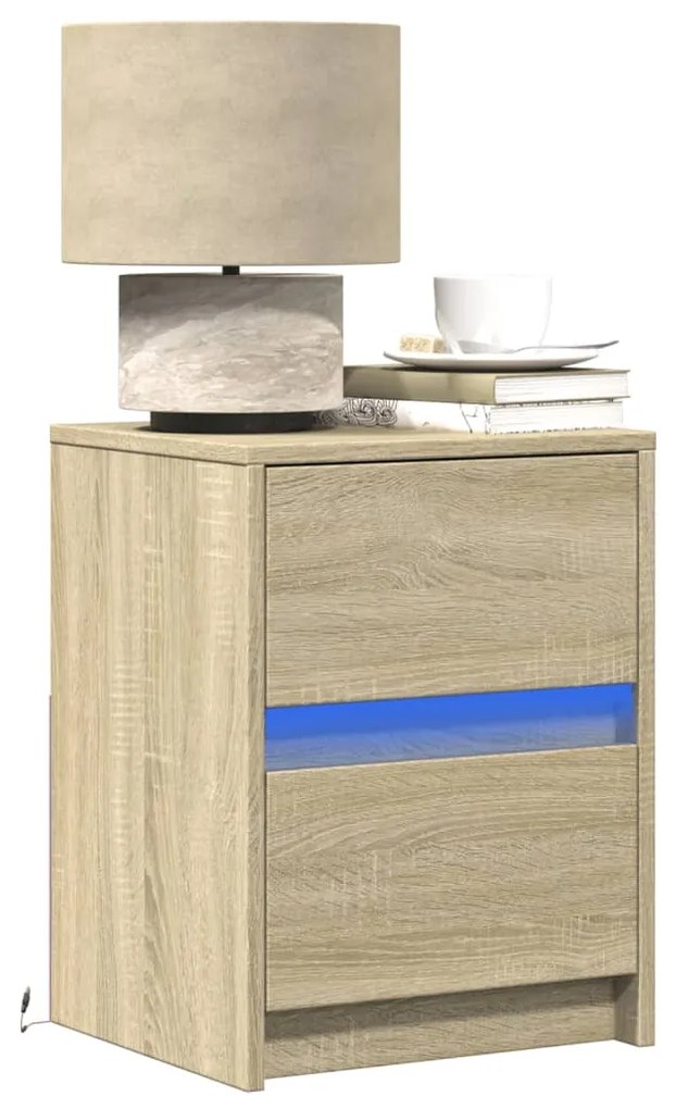 vidaXL Noptiere cu lumini LED, 2 buc., stejar sonoma, lemn prelucrat