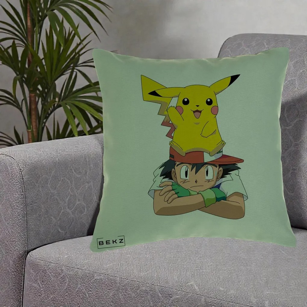 Perna Personalizata Ash si Pikachu, 40x40 cm, Verde, Husa Detasabila, Perna Inclusa, BEKZ®