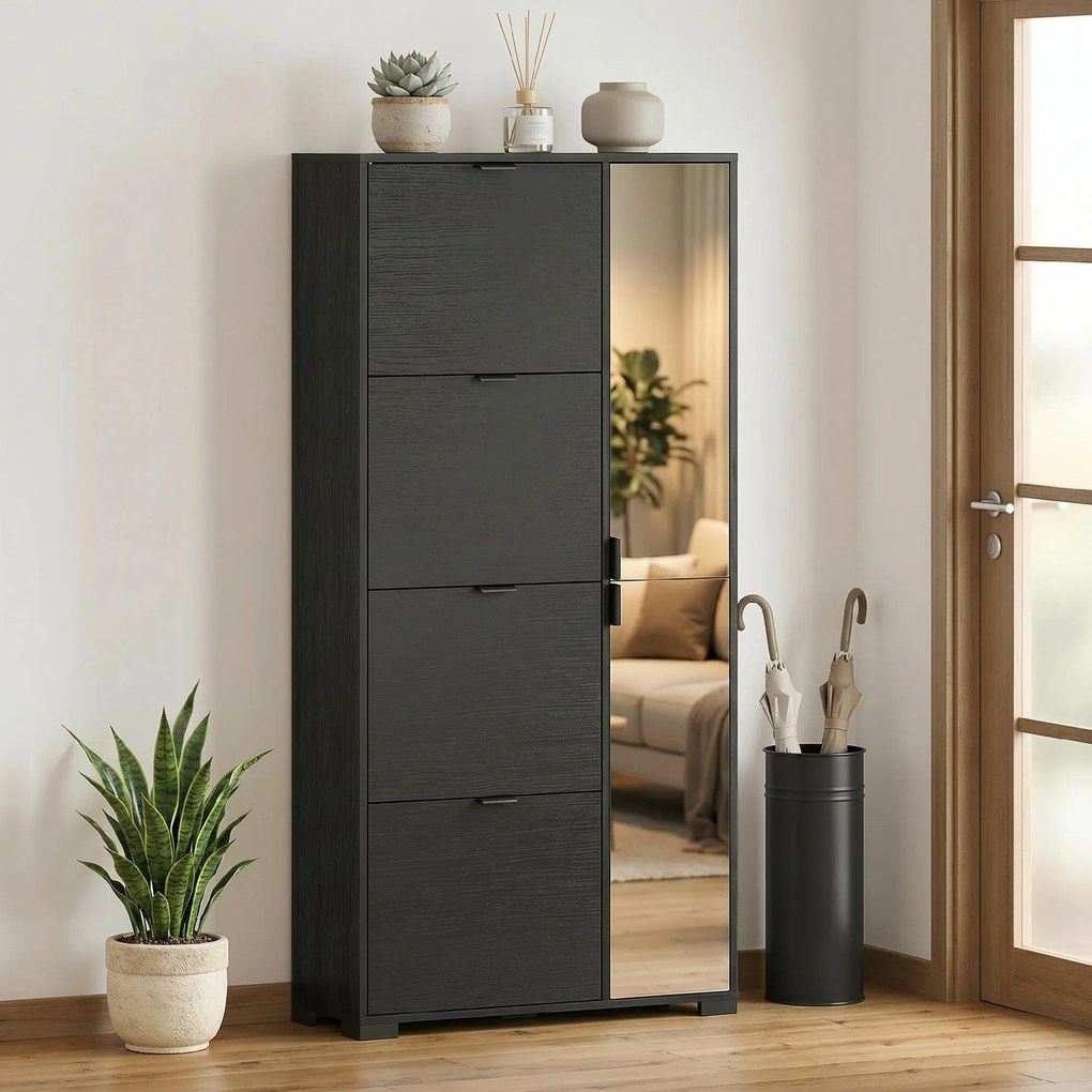 HOMCOM Dulap Pantofi cu Oglindă, 4 Sertare Rabatabile, Dulap de Hol, 82 x 30 x 168 cm, Negru | Aosom Romania