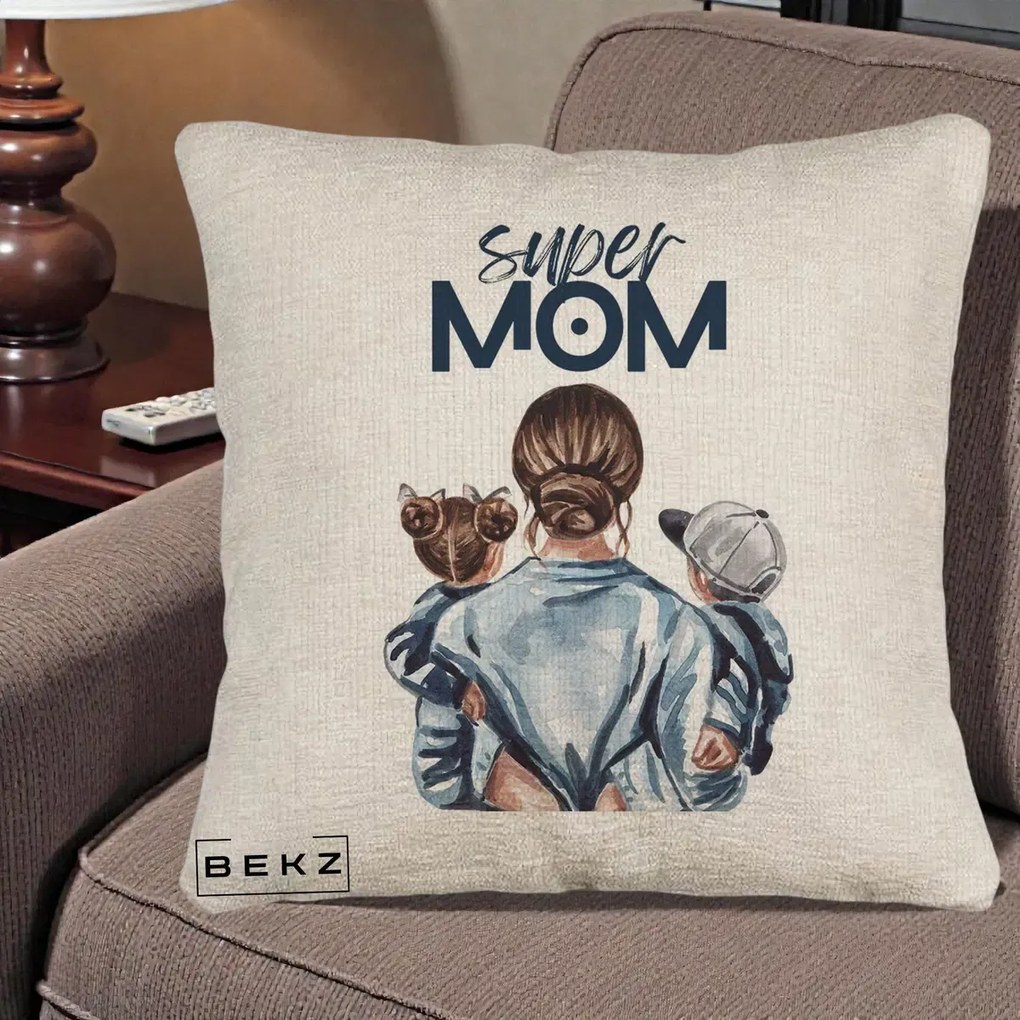 Cadou pentru Mama - Perna Personalizata Super Mom, 40x40 cm, Bej Canapea, Husa Detasabila, Perna Inclusa, BEKZ®