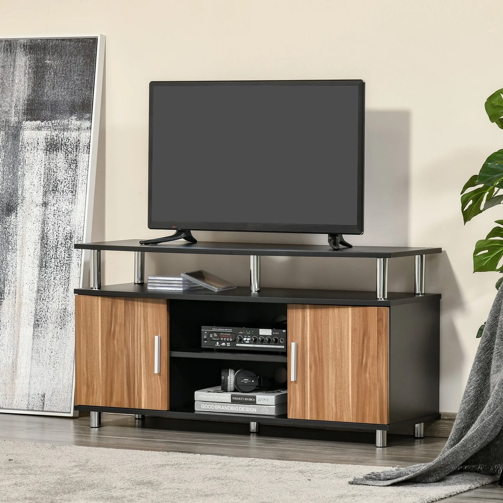 Mobilier TV cu 2 Rafturi si 2 Dulapioare din PAL, Picioare rotunde din Otel, sustine maxim 80kg, Negru-Maro 105x40x55cm HOMCOM | Aosom Romania