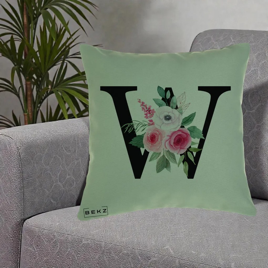 Cadou Personalizat - Perna Personalizata Monograma Florala Litera W cu Trandafiri si Anemona, 40x40 cm, Verde, Husa Detasabila, Perna Inclusa, BEKZ®