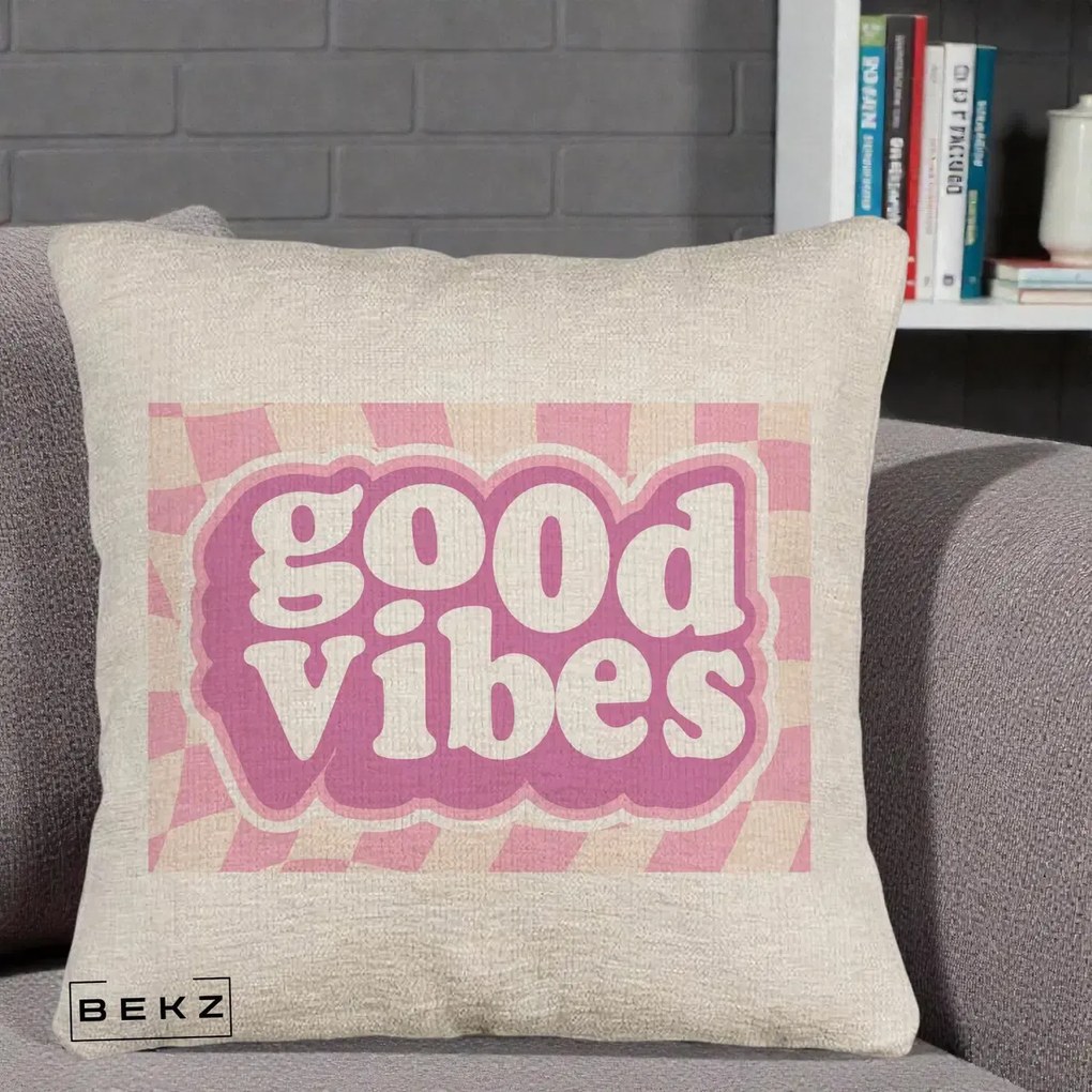 Perna Decorativa Good Vibes Retro Roz, 40x40 cm, Bej Canapea, Husa Detasabila, Perna Inclusa, BEKZ®