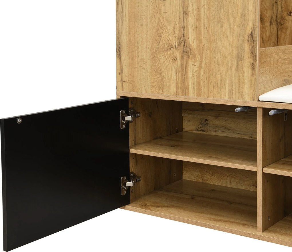 Set pentru hol cu 5 cârlige pentru haine, oglindă, dulap pentru încălțăminte și bancă pentru hol, 100x38x191 cm, Negru+Culoare naturală