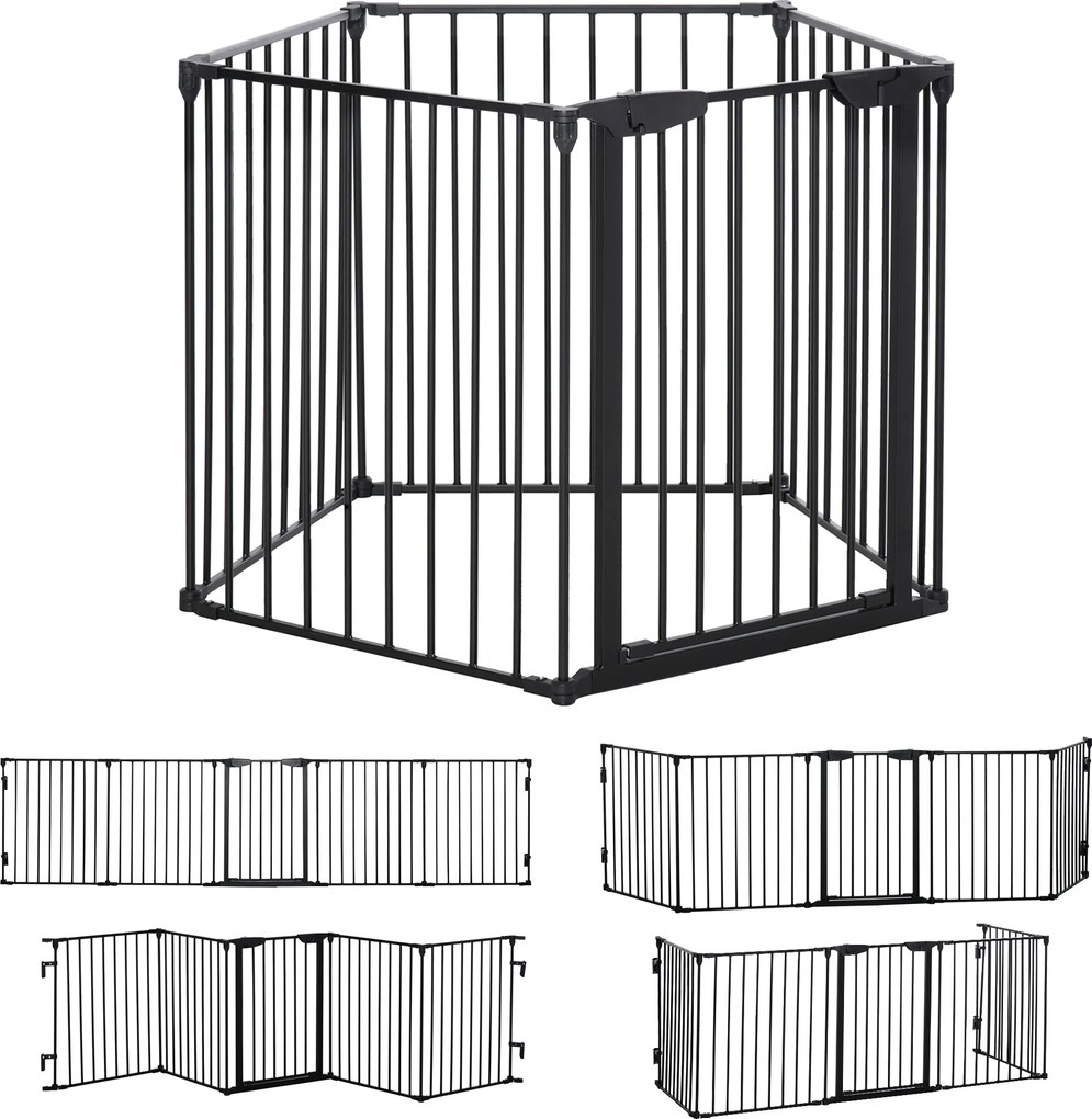 PawHut Poartă pentru Câini de Talie Mică și Medie, Țarc Pliabil cu Structură Modulară cu 5 Panouri, 300x3x74.5 cm, Negru | Aosom Romania