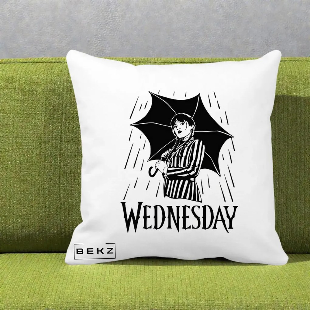 Perna Personalizata Wednesday cu Umbrela Ploaie Lineart, 40x40 cm, Alba Mata, Husa Detasabila, Perna Inclusa, BEKZ®