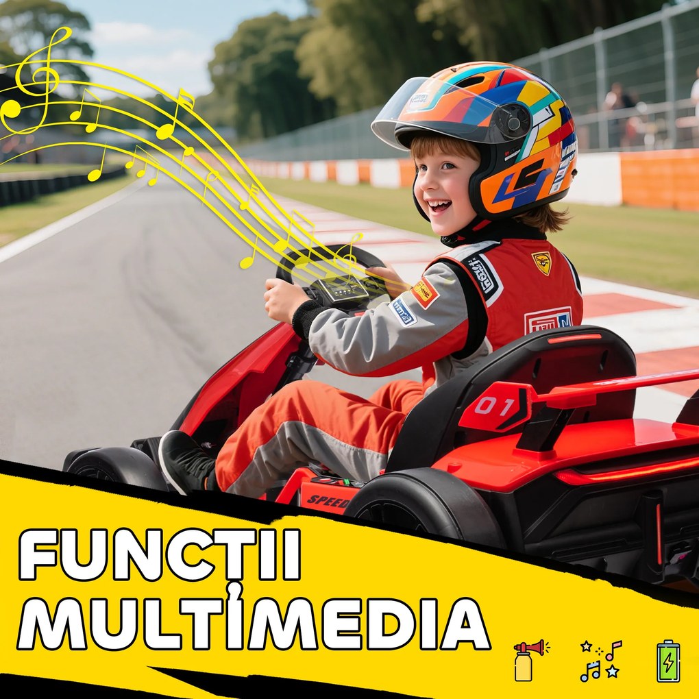 HOMCOM Go-Kart Electric pentru Copii cu Scaun Reglabil, 2 Motoare, Claxon, Lumini și Muzică, 120x76x53.5 cm, Roșu | Aosom Romania