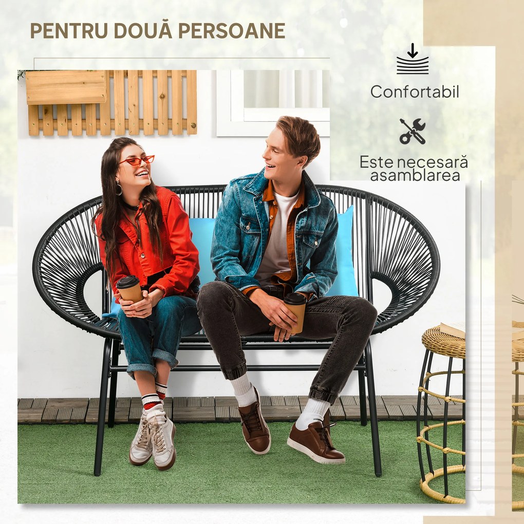Outsunny Bancă de grădină cu 2 locuri din metal și sfoară din rășină cu 2 perne - dim. 132L x 72l x 83Î cm - negru | Aosom Romania