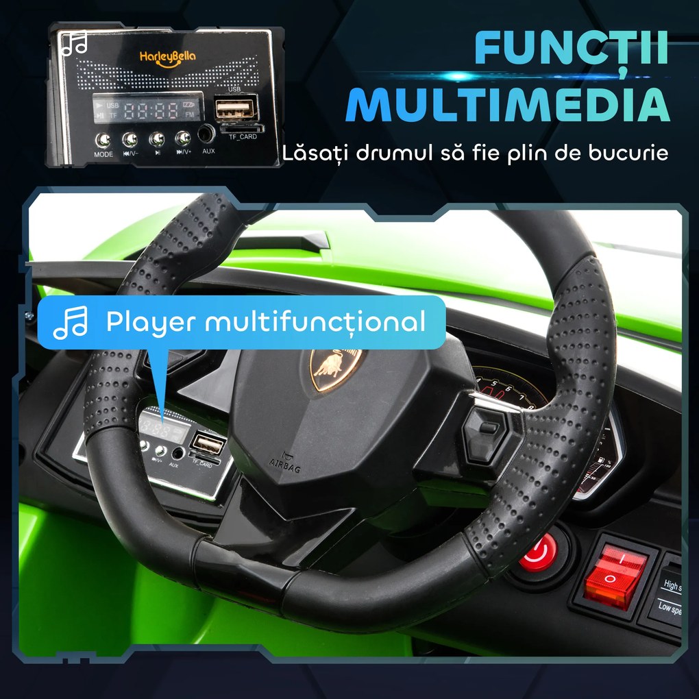 HOMCOM Masina Electrica pentru Copii, Automobil Lamborghini Aventador cu Telecomanda, Faruri LED, Muzica, Varsta 3-8 Ani, Verde | Aosom Romania