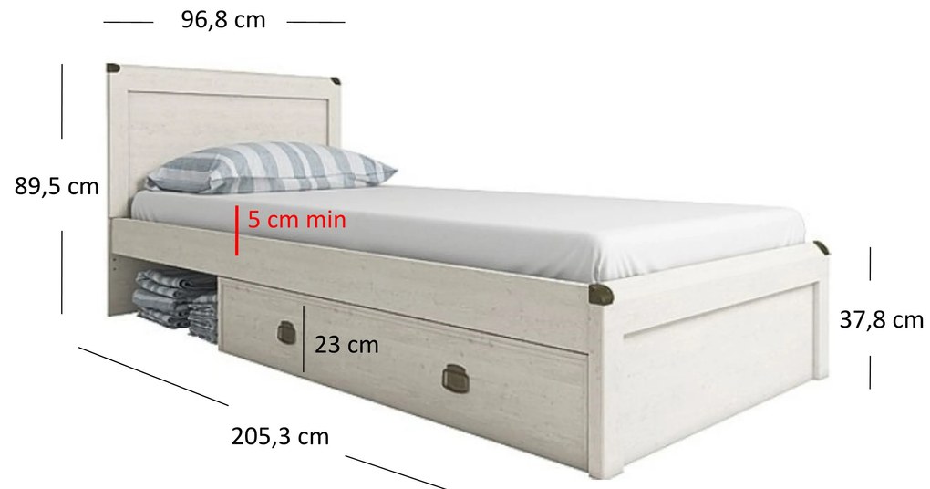 Pat de o persoană 90 cm Marlene 1S (Pin vintage) (cu somieră). 1053036