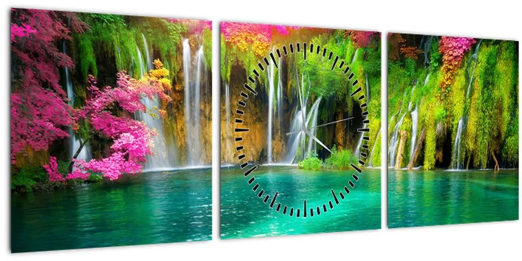 Tablou - Cascada, Lacurile Plitvice, Croația (cu ceas) (90x30 cm)