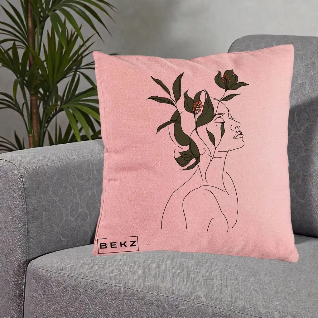 Perna Decorativa Portret Feminin Crin Verde, 40x40 cm, Roz, Husa Detasabila, Perna Inclusa, BEKZ®