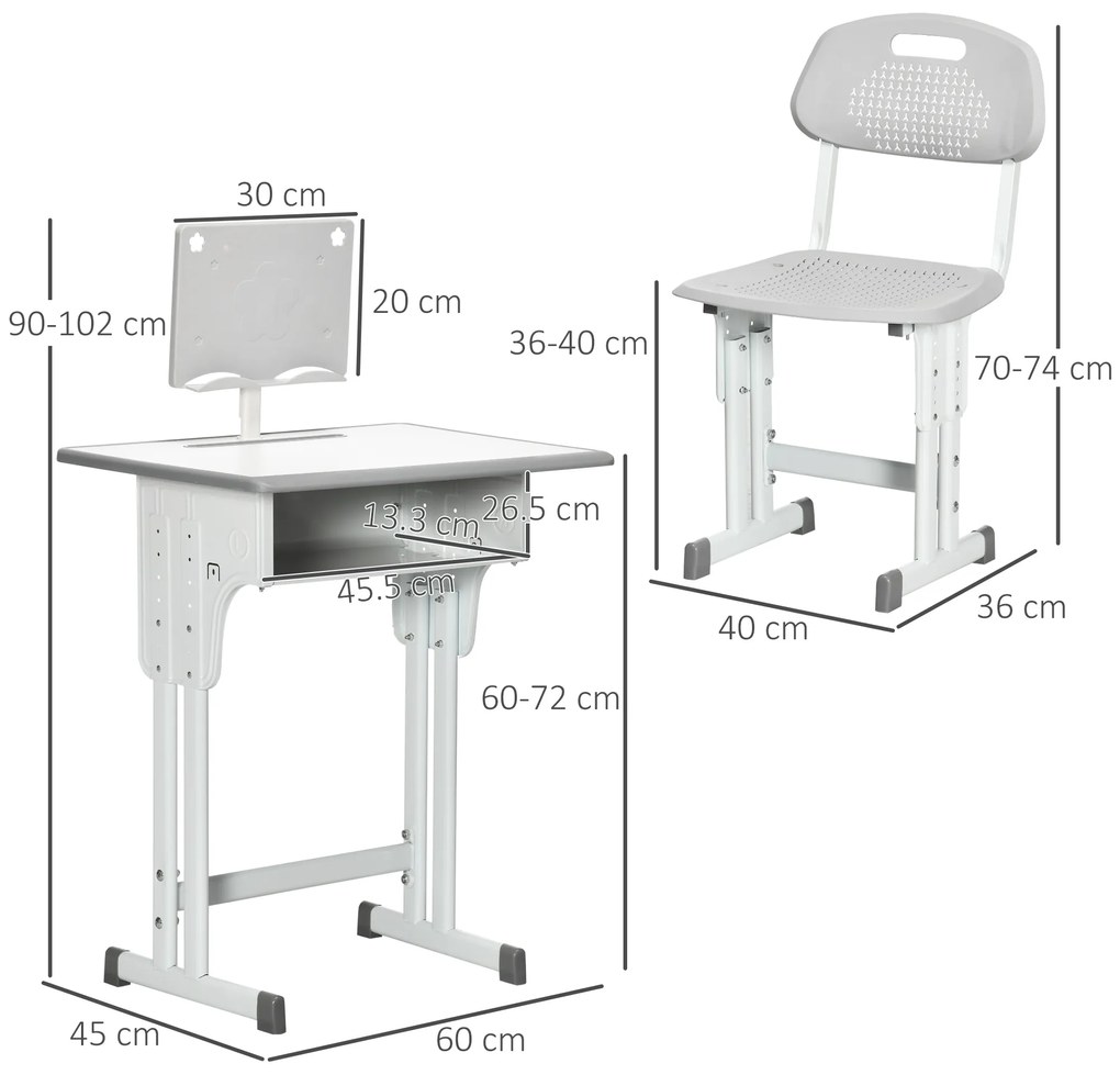 HOMCOM Birou de scoala cu scaun pentru copii 6-12 ani reglabil pe inaltime, pupitru si suport pentru stilou, otel si MDF, gri | Aosom Romania