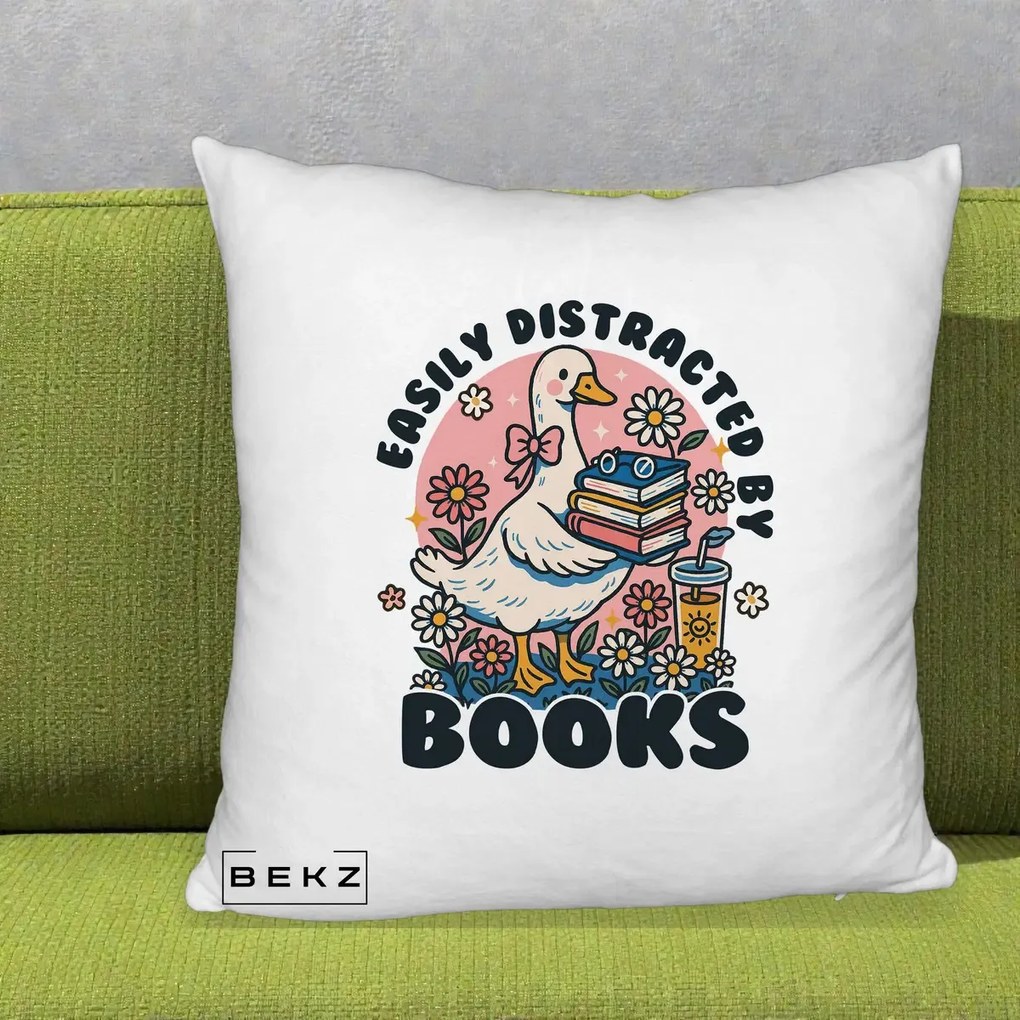 Perna Personalizata Easily Distracted by Books, 40x40 cm, Alb Pufos, Husa Detasabila, Perna Inclusa, BEKZ®